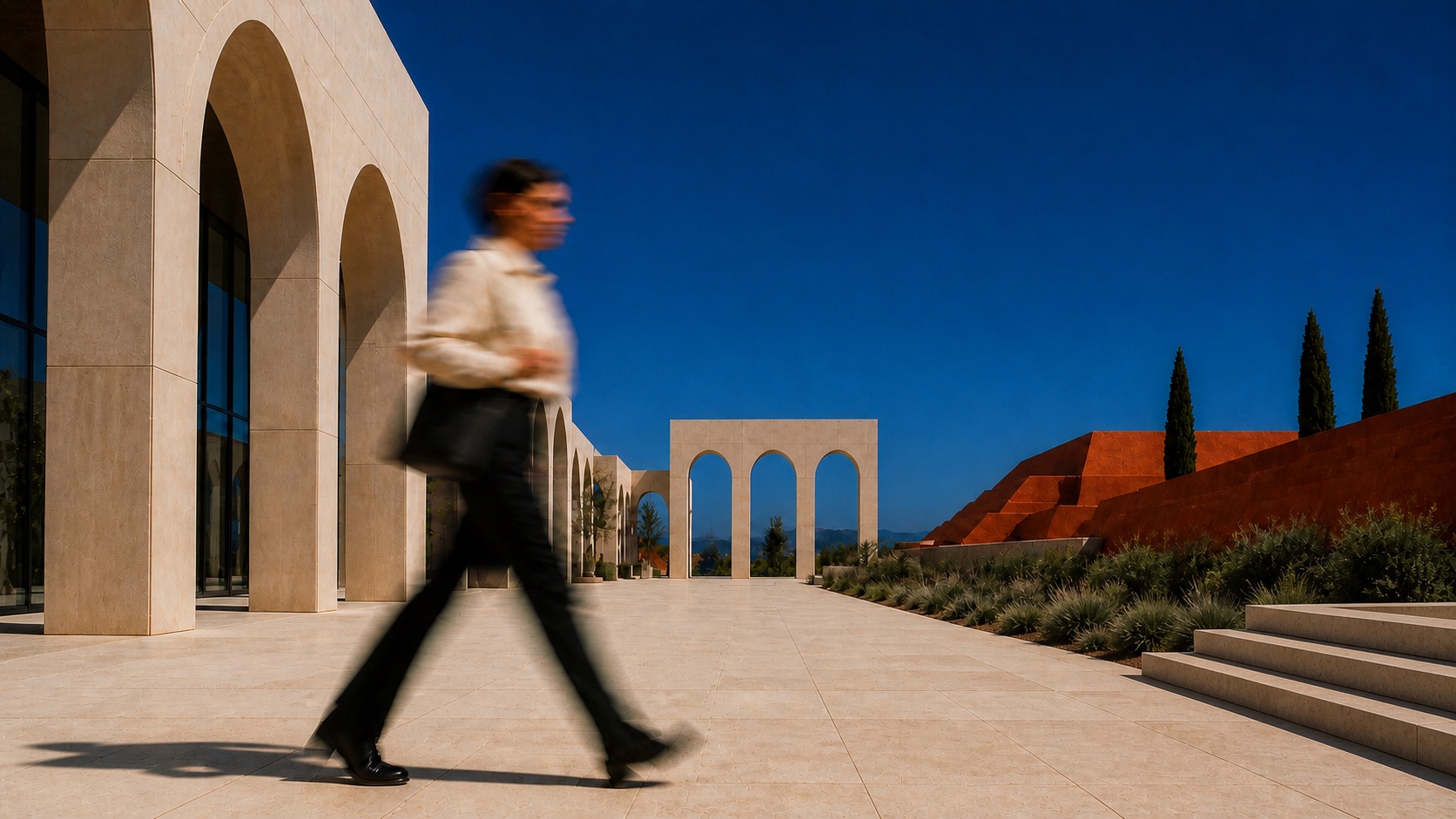 A motion-blurred commuter crossing a contemporary arched campus beneath an open cobalt sky